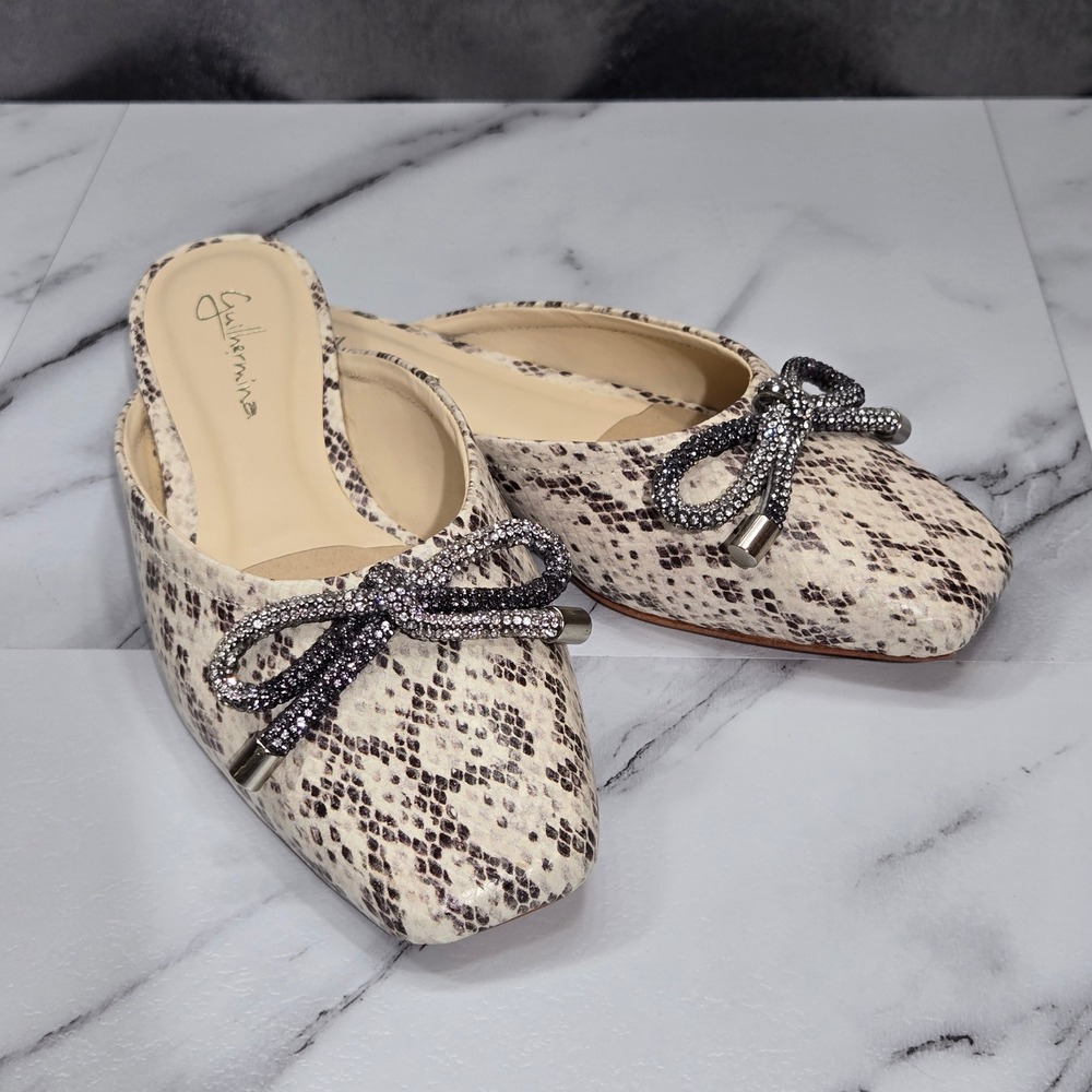 Anthropologie Guilhermina Mules 6 NWOT Snakeskin Print Crystal Bow Ballet Flats